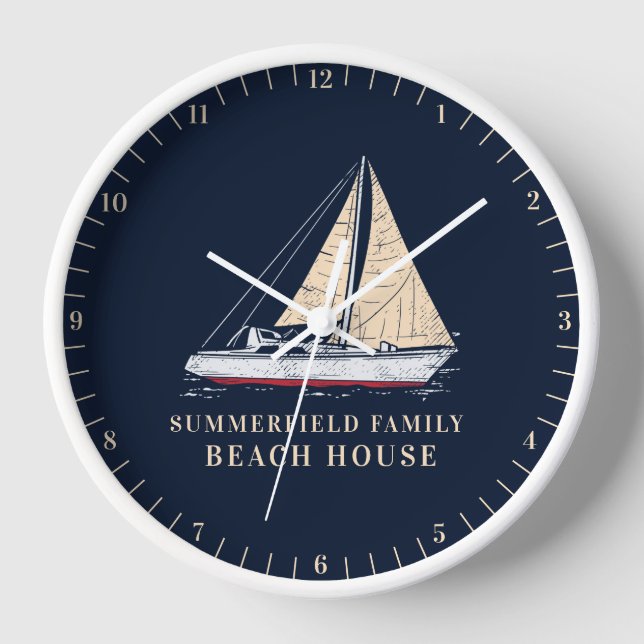 Nautical Family Sailboat Beach House Decor Clock (Front)