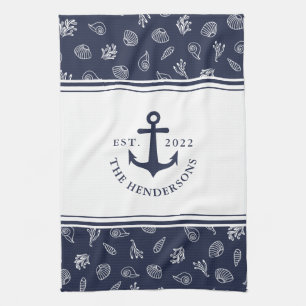 Nautical Family White Navy Blue Anchor Tea Towel