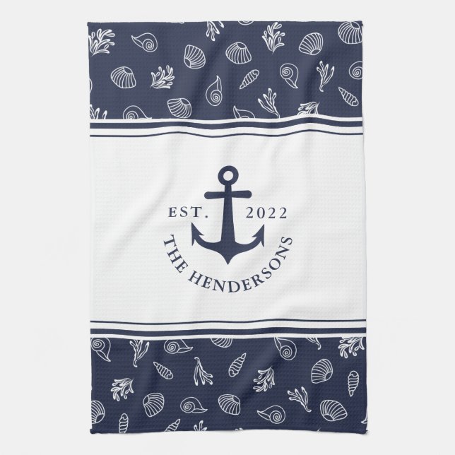 Nautical Family White Navy Blue Anchor Tea Towel (Vertical)