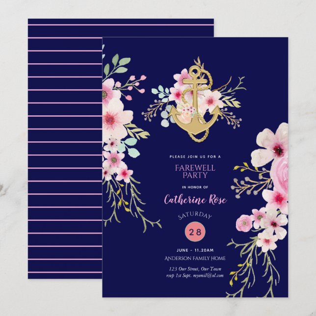 Nautical Farewell Invites Navy Blue Pink Floral (Front/Back)