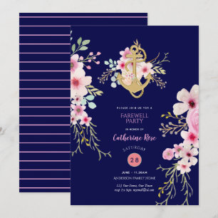 Nautical Farewell Invites Navy Blue Pink Floral