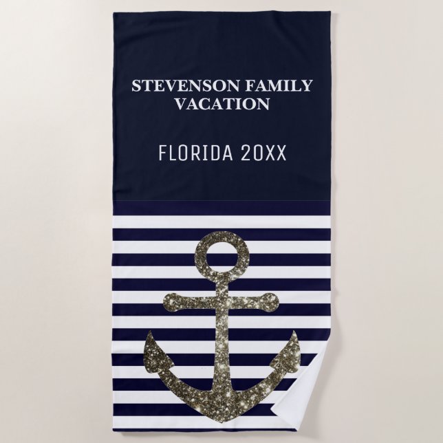 Nautical Faux Glitter Family Vacation Blue Anchor Beach Towel (Front)