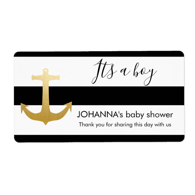 Nautical Faux Gold Foil Anchor Water Bottle Favour (Front)