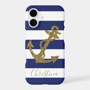 Nautical Faux Gold Glitter Anchor Blue Stripes