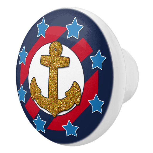 Nautical | Faux Gold Glitter Anchor | Stars Ceramic Knob (Right)