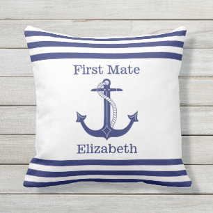 Nautical First Mate Blue Anchor Add Name Cushion