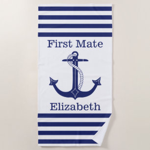 Nautical First Mate Blue Anchor Personalised Beach Towel