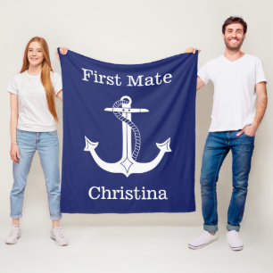 Nautical First Mate White Anchor Personalised Fleece Blanket