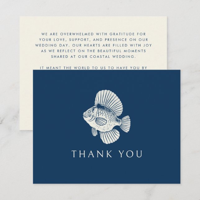 Nautical Fish Modern Navy Blue Beach Wedding Thank You Card (Front/Back)