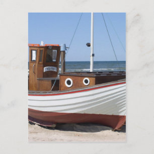 Nautical Fishing Boat sitting on Sandy Ocean Beach Postcard