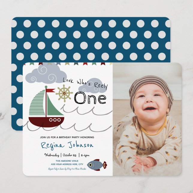 Nautical Fishing Party 1st Birthday Invitation (Front/Back)