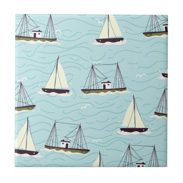 Nautical fishing pattern poster throw pillow tile (Front)