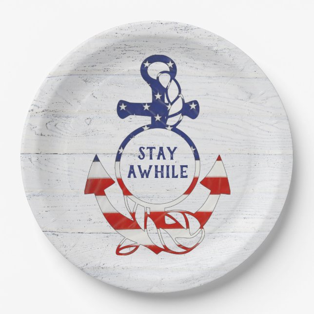 Nautical Flag Anchor on Whitewashed Wood Paper Plate (Front)