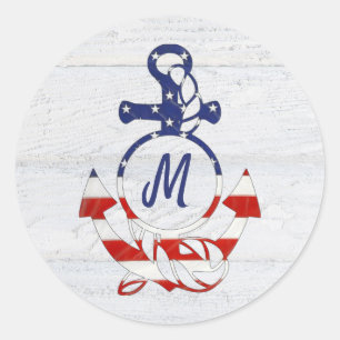 Nautical Flag Anchor on Wood  Classic Round Sticker
