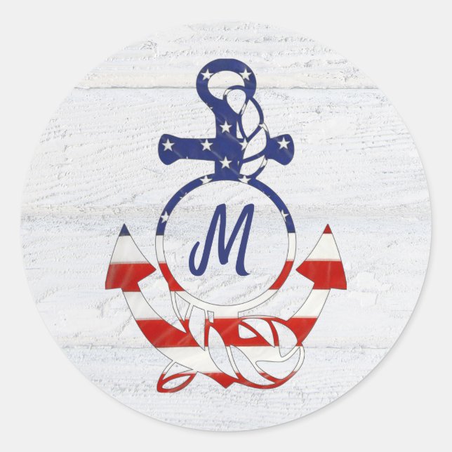 Nautical Flag Anchor on Wood  Classic Round Sticker (Front)