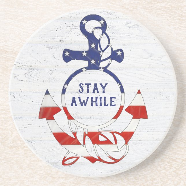 Nautical Flag Anchor on Wood Coaster (Front)