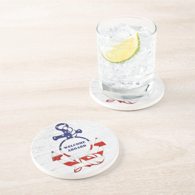 Nautical Flag Anchor on Wood Coaster (Side)