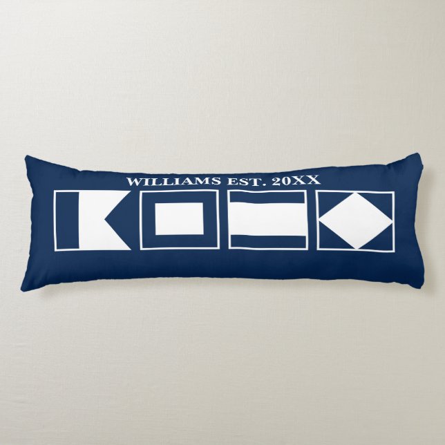 Nautical flags navy blue family name bed decor body cushion (Front)