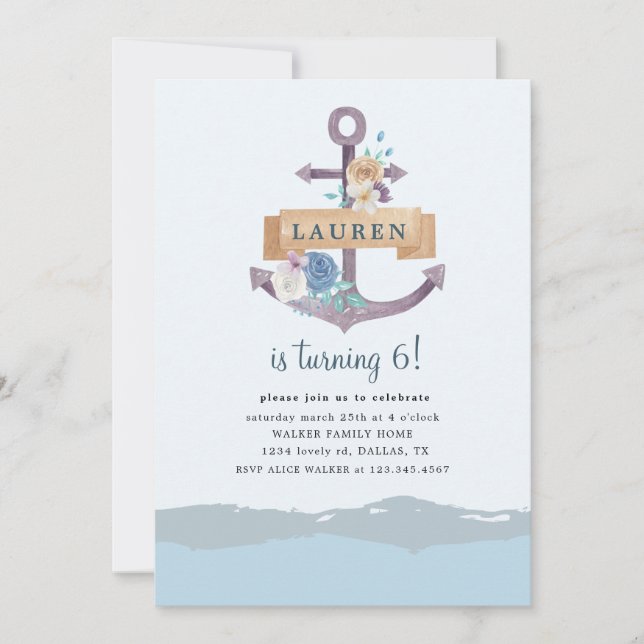 nautical floral anchor Birthday Invitation (Front)