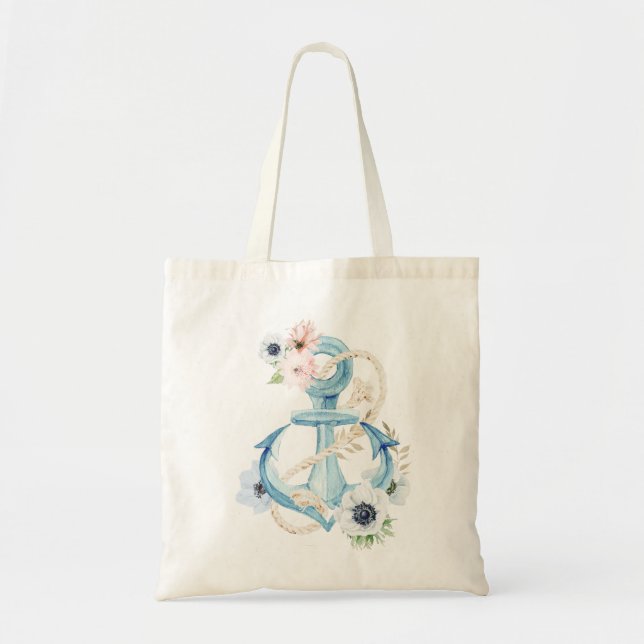 Nautical Floral Anchor Blue Blush Pink Anemone Tote Bag (Front)