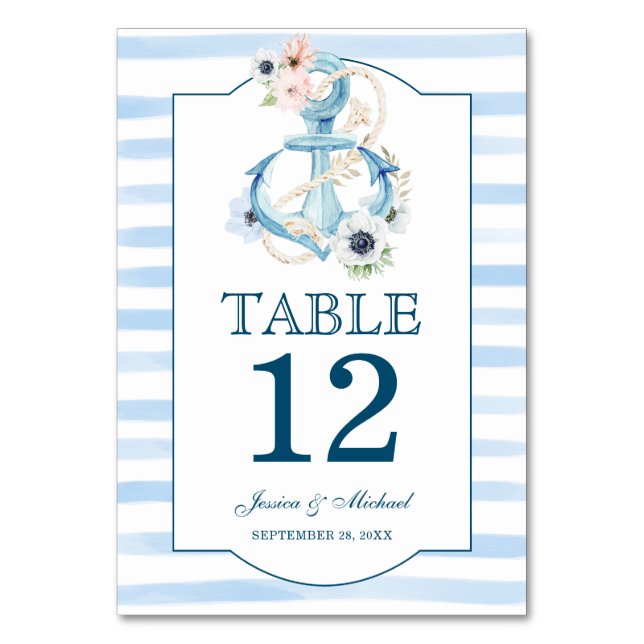 Nautical Floral Anchor Blue Stripes Beach Wedding Table Number (Back)