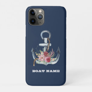 Nautical Floral Anchor Boat Name Navy Blue iPhone 11 Pro Case