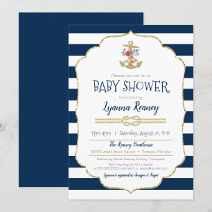 Nautical Floral Anchor Navy Blue Baby Shower Invitation