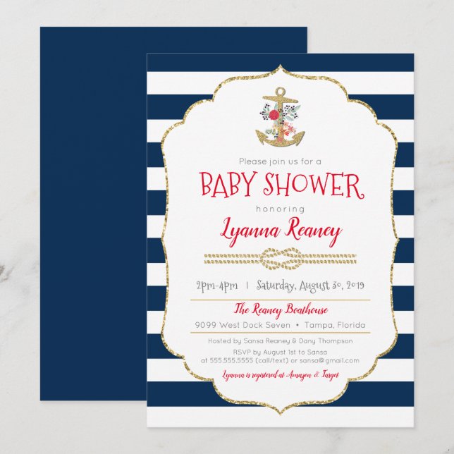 Nautical Floral Anchor Navy Blue Red Baby Shower Invitation (Front/Back)