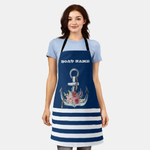 Nautical, Floral Anchor Navy Blue Striped  Apron