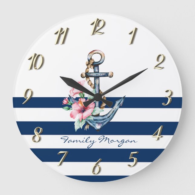 Nautical,Floral Anchor Navy Blue Stripes   Large Clock (Front)
