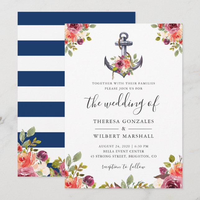 Nautical Floral Anchor Navy Blue Stripes Wedding Invitation (Front/Back)