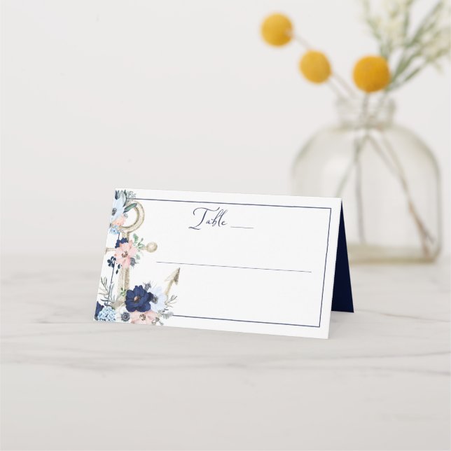 Nautical Floral Anchor Navy Blue Wedding Table Place Card (Front)