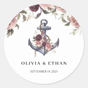 Nautical Floral Anchor Watercolor Wedding Classic Round Sticker