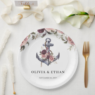 Nautical Floral Anchor Watercolor Wedding Paper Plate