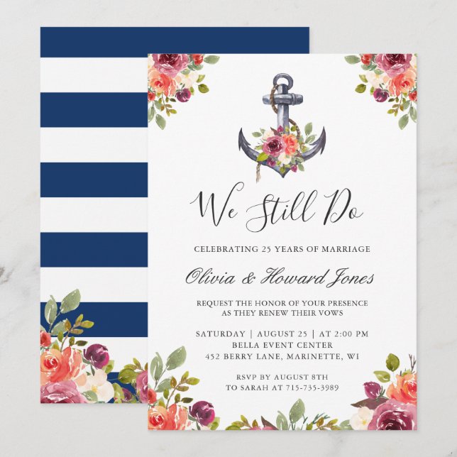 Nautical Floral Anchor We Still Do Vow Renewal Invitation (Front/Back)