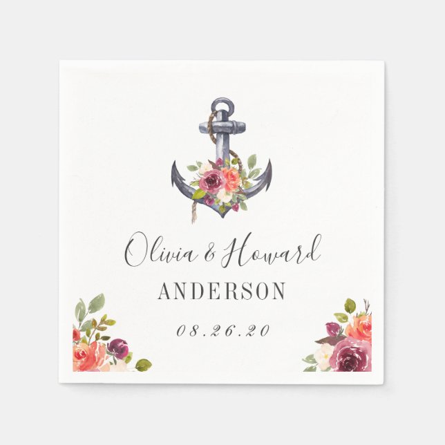 Nautical Floral Anchor Wedding Napkins (Front)