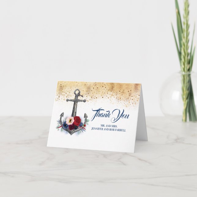 Nautical Floral Anchor Wedding Thank You Card (Front)