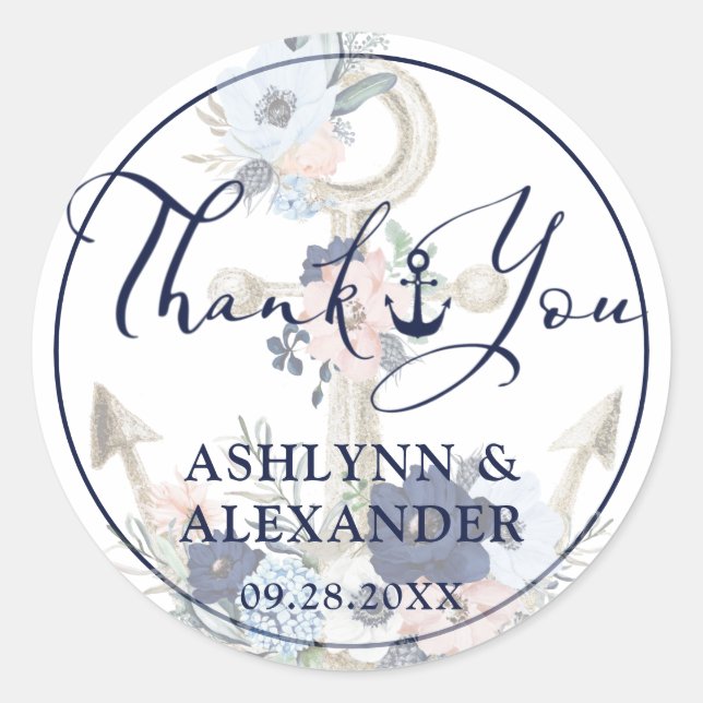 Nautical Floral Anchor Wedding Thank You Navy Blue Classic Round Sticker (Front)