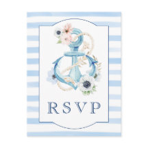 Nautical Floral Blue Stripes Beach Wedding RSVP