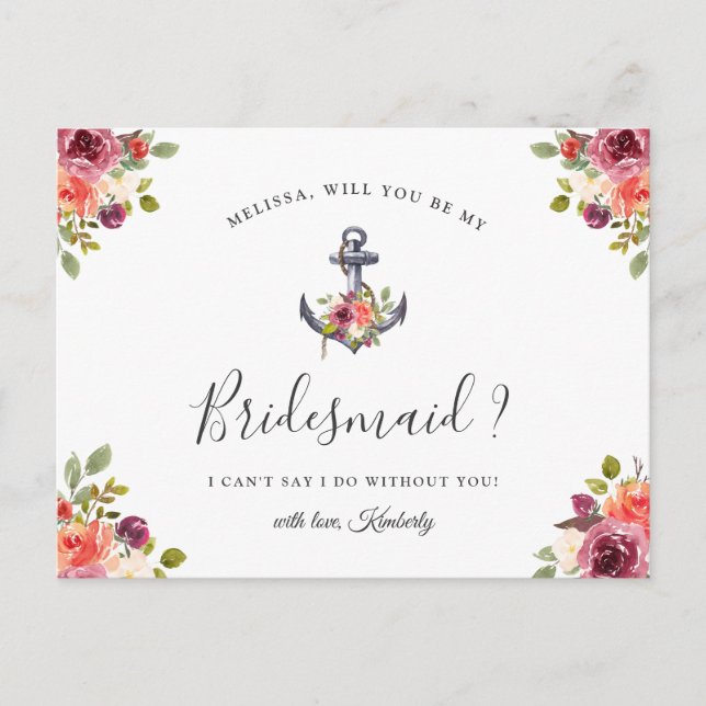 Nautical Floral Bridesmaid Proposal Postcard (Front)