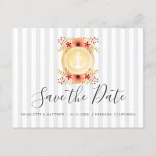 Nautical Floral Gold Anchor Wedding Save The Date Announcement Postcard