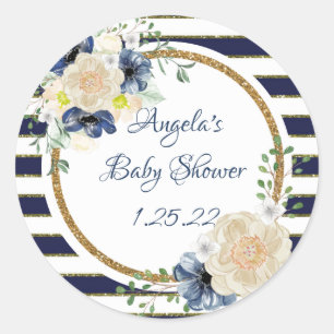 Nautical Floral Navy & Gold Personalised Shower Classic Round Sticker
