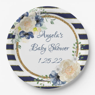 Nautical Floral Navy & Gold Personalised Shower Paper Plate