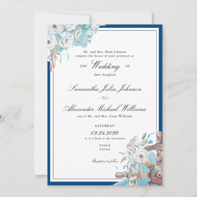 Nautical Floral Navy & White Formal Wedding Invitation (Front)