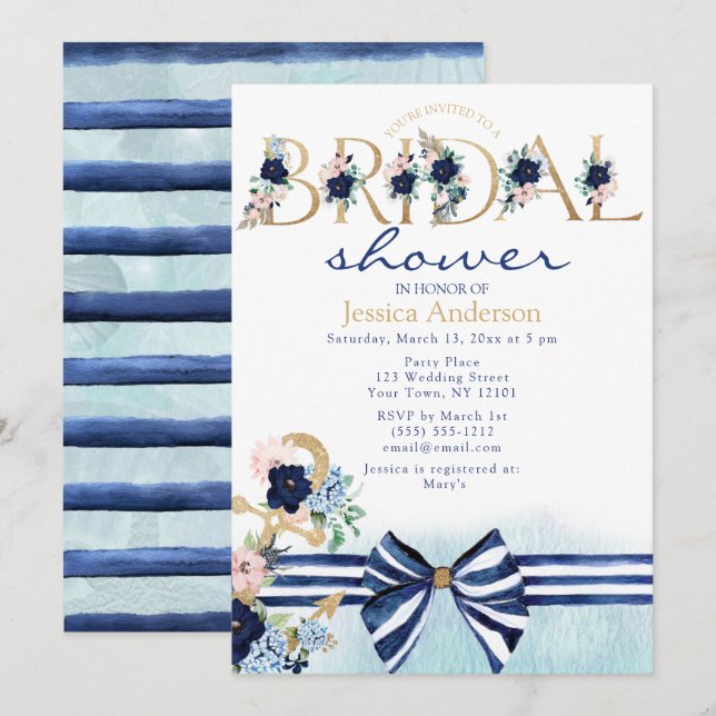 Nautical Floral Royal Blue and Gold Bridal Shower Invitation (Front/Back)