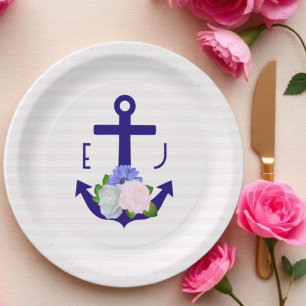 Nautical Floral Stripes Wedding Paper Plate