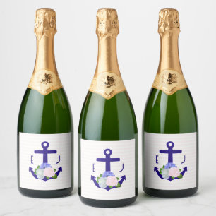 Nautical Floral Stripes Wedding Sparkling Wine Label