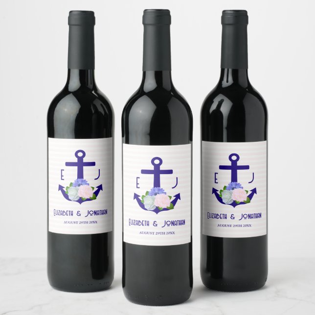 Nautical Floral Stripes Wedding Wine Label (Bottles)