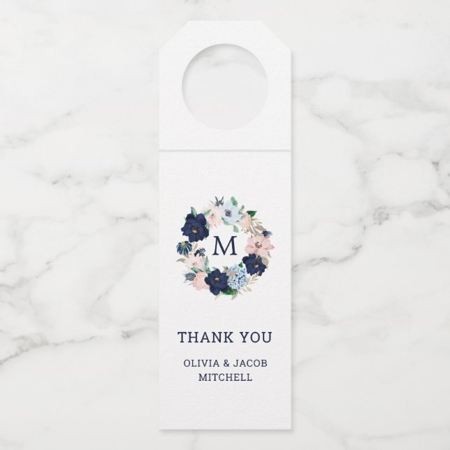 Nautical Flowers and Monogram | Wedding Bottle Tag (Front)