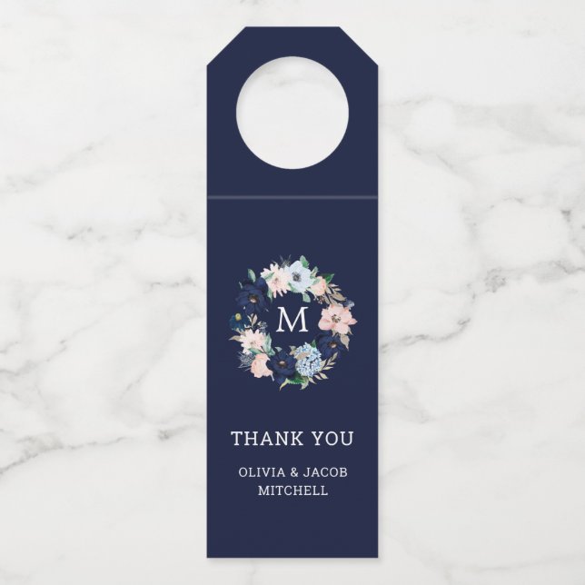 Nautical Flowers and Monogram | Wedding Bottle Tag (Front)